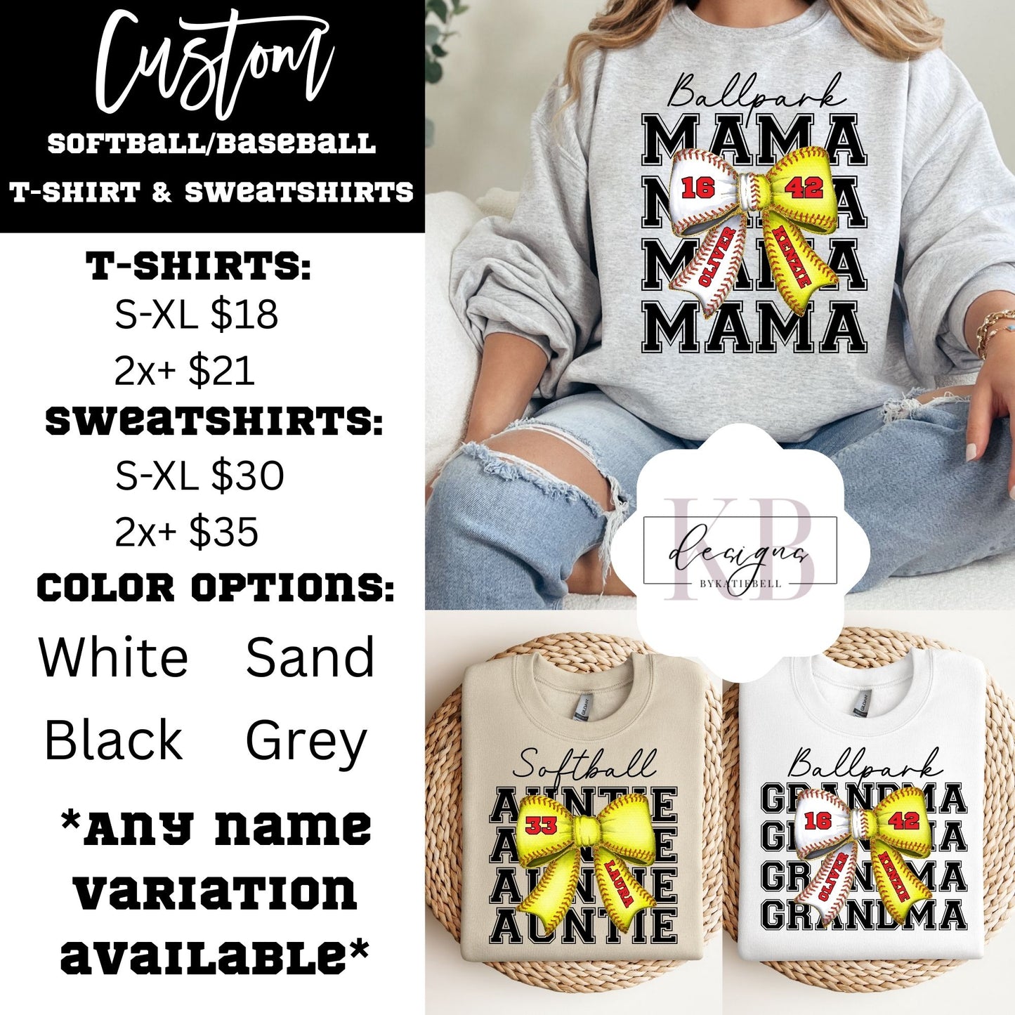Custom Baseball/Softball Mama Shirt | Personalized Name & Number Bow | Ballpark Mom Tee or Sweatshirt