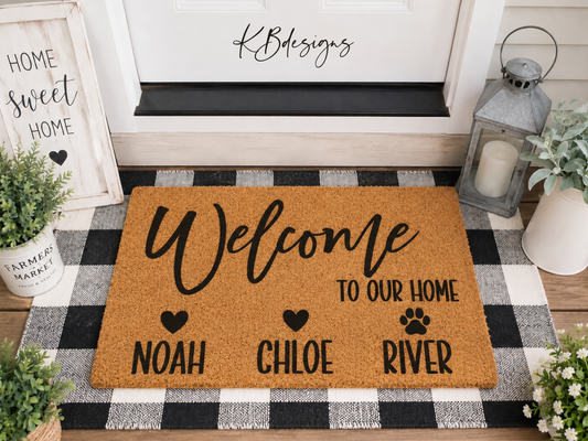 Personalized Coir Welcome Doormat | Welcome To Our Home | Custom Family Name Front Door Mat | Family and Animal Names