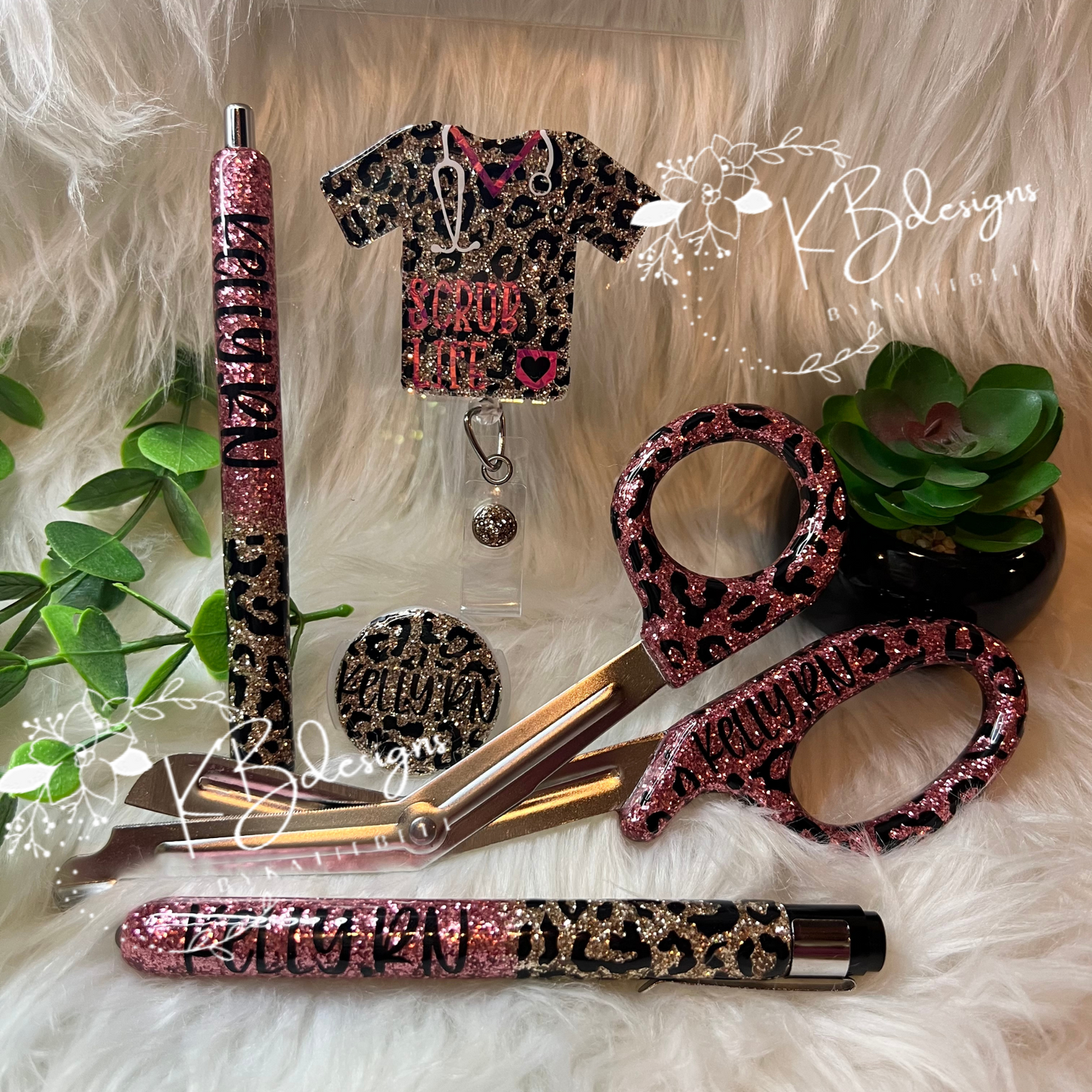 Personalized Leopard Print Medical Set, Nurse Set, Glitter Medical Shears, Glitter Pen, Glitter Medical Light Pen, Badge Reel, Full set
