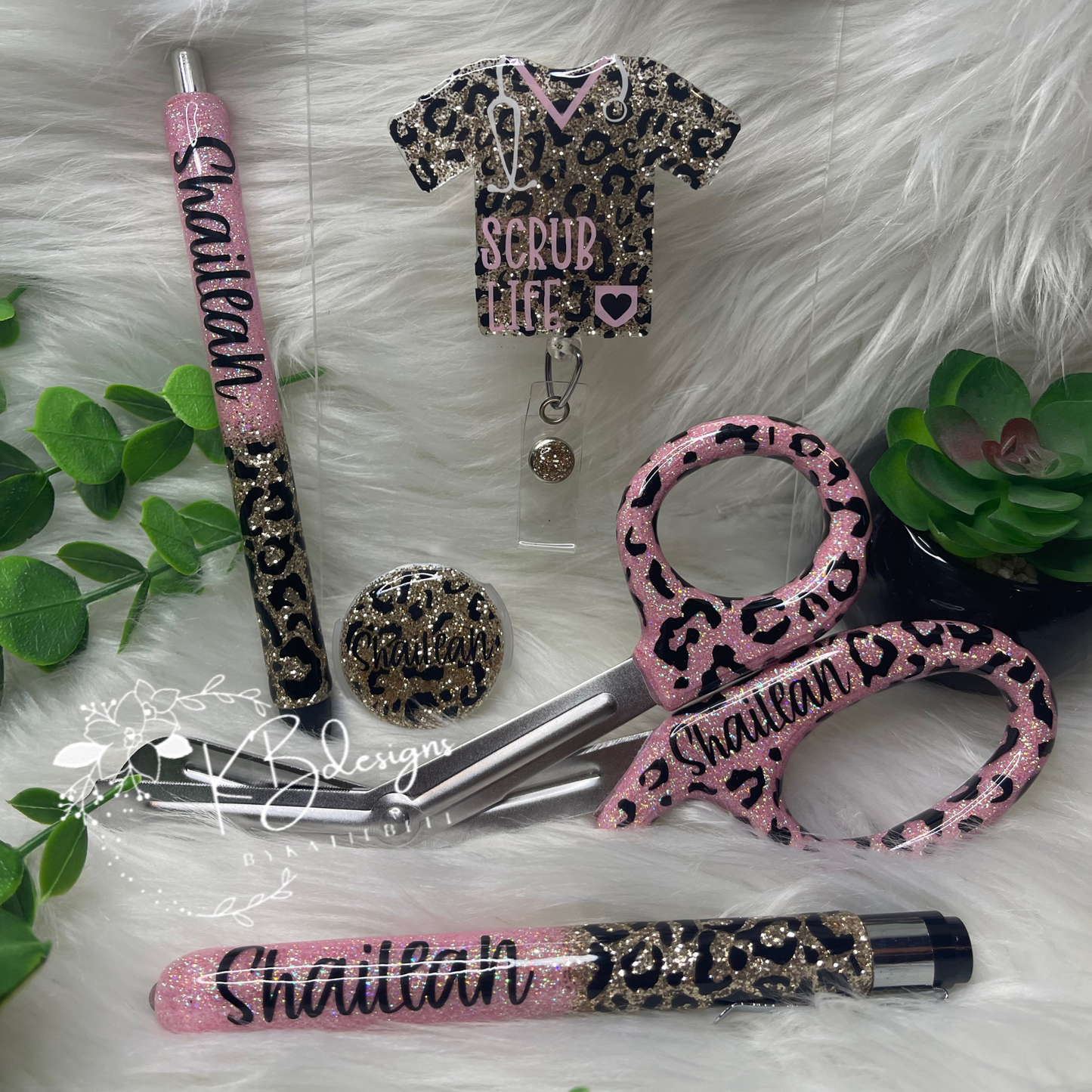 Personalized Leopard Print Medical Set, Nurse Set, Glitter Medical Shears, Glitter Pen, Glitter Medical Light Pen, Badge Reel, Full set