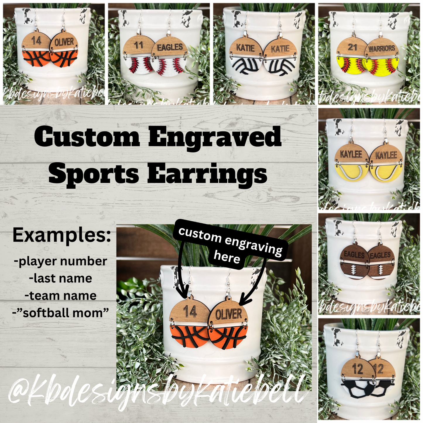 Personalized Sports Earrings, Engraved Wooden Sports Earrings, Baseball, Softball, Football, Tennis, Soccer, Volleyball, Basketball, Sports