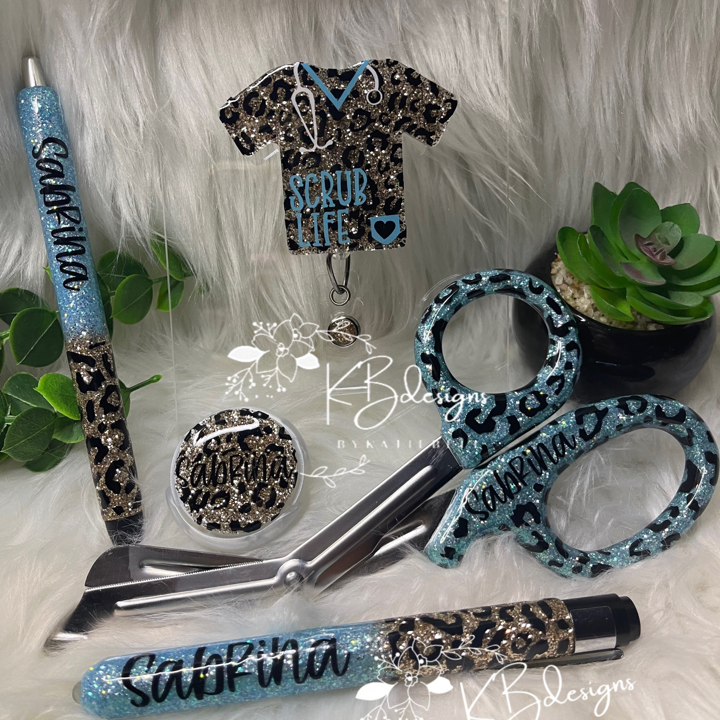 Personalized Leopard Print Medical Set, Nurse Set, Glitter Medical Shears, Glitter Pen, Glitter Medical Light Pen, Badge Reel, Full set