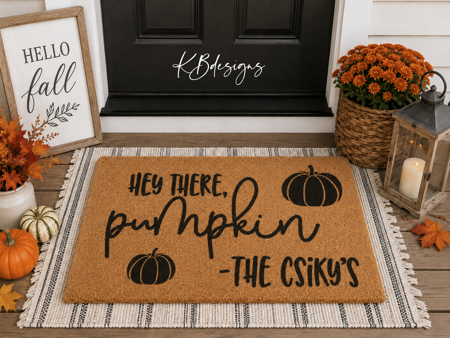 Personalized Coir Welcome Doormat | Hey There Pumpkin | Custom Family Name Front Door Mat |
