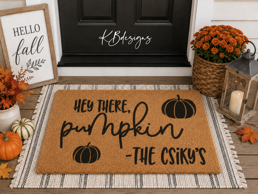 Personalized Coir Welcome Doormat | Hey There Pumpkin | Custom Family Name Front Door Mat |