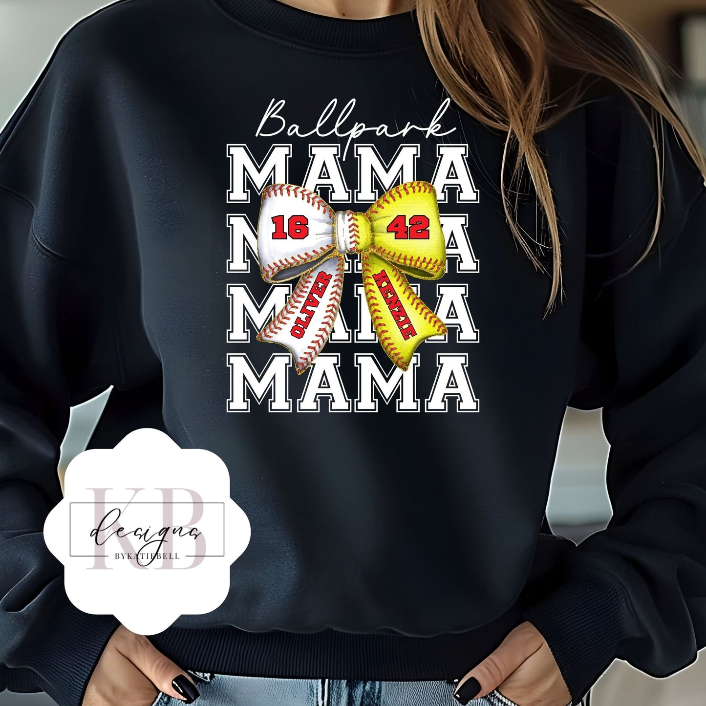 Custom Baseball/Softball Mama Shirt | Personalized Name & Number Bow | Ballpark Mom Tee or Sweatshirt