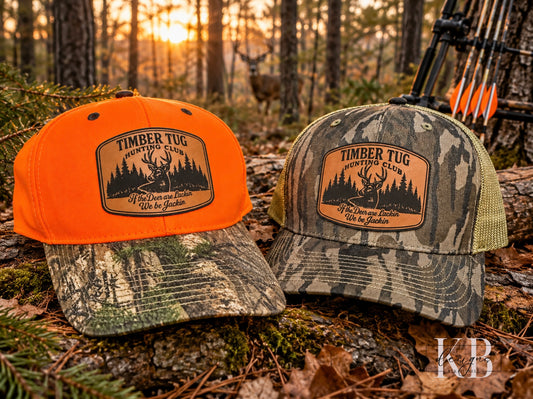 Men’s Hunting Trucker Hat | Blaze Orange & Camo | Rawhide Leather Patch | Deer Hunter Gift | Outdoorsman Hat