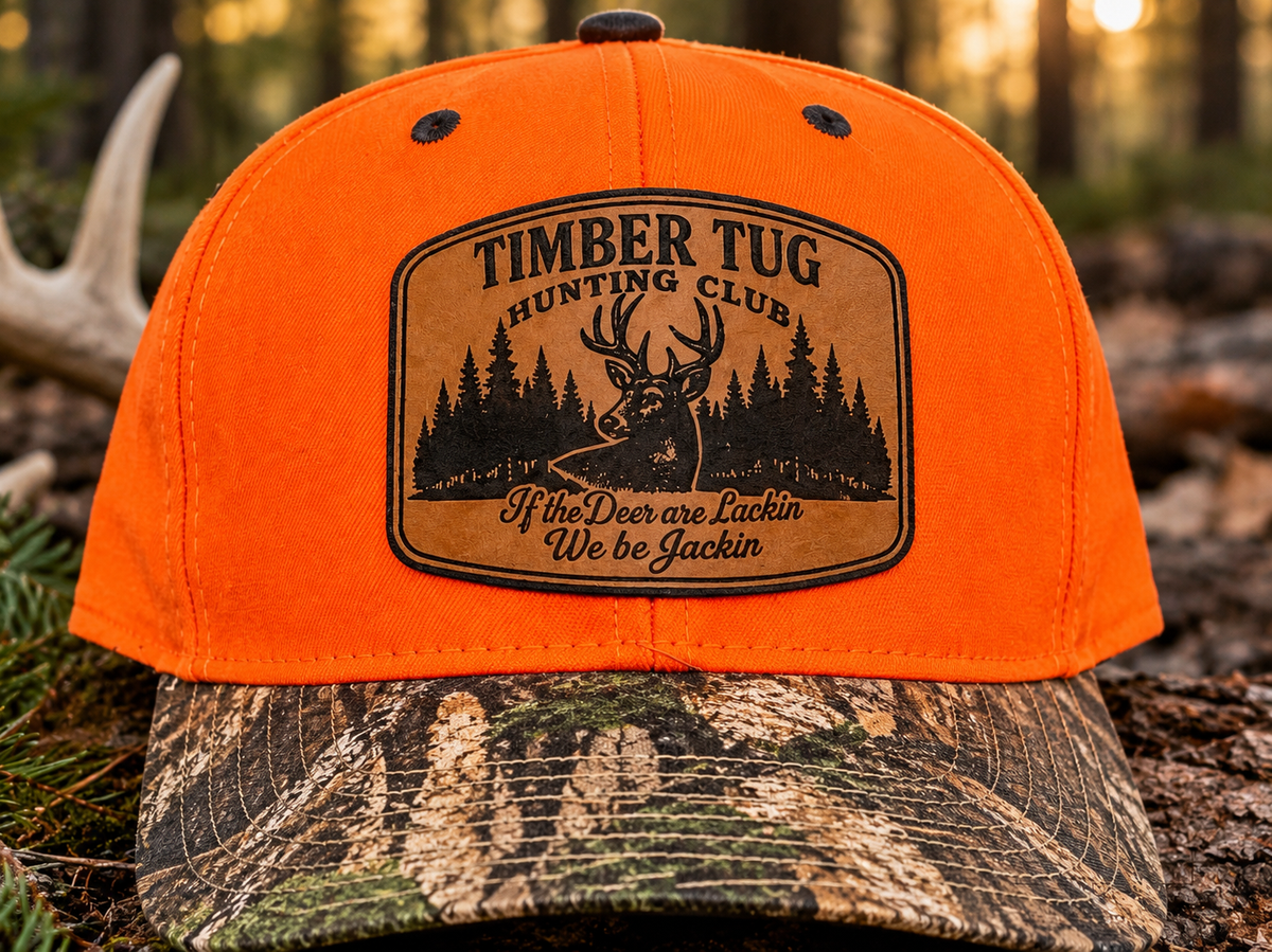 Men’s Hunting Trucker Hat | Blaze Orange & Camo | Rawhide Leather Patch | Deer Hunter Gift | Outdoorsman Hat