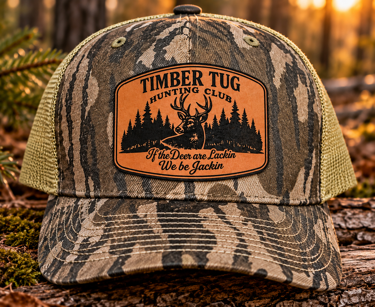 Men’s Hunting Trucker Hat | Blaze Orange & Camo | Rawhide Leather Patch | Deer Hunter Gift | Outdoorsman Hat